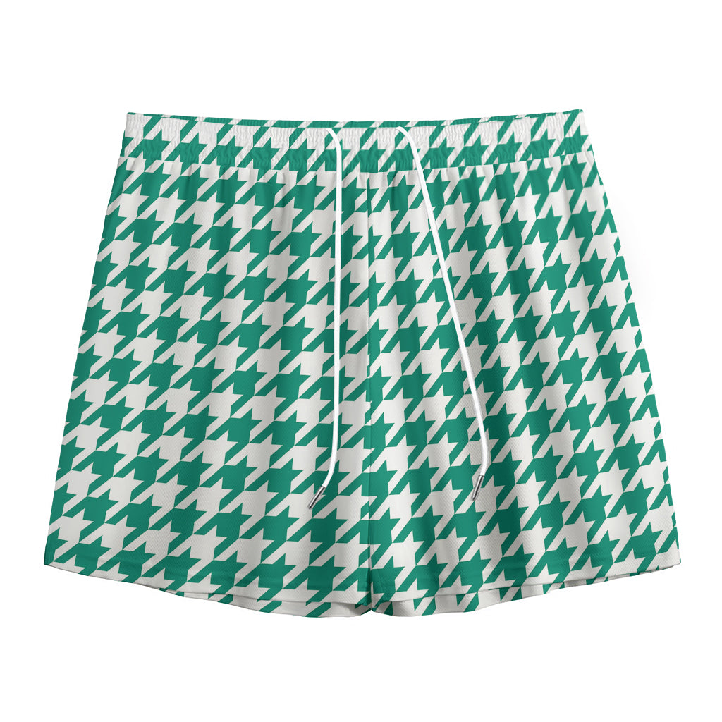 Jungle Green And White Houndstooth Print Mesh Shorts