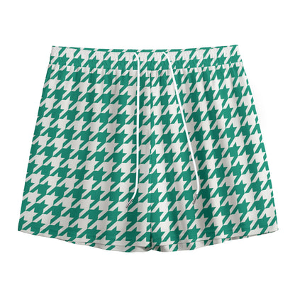 Jungle Green And White Houndstooth Print Mesh Shorts