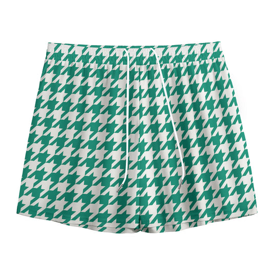 Jungle Green And White Houndstooth Print Mesh Shorts