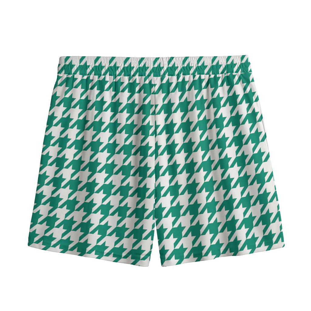 Jungle Green And White Houndstooth Print Mesh Shorts