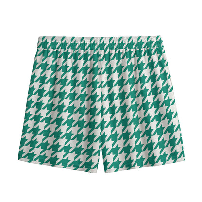 Jungle Green And White Houndstooth Print Mesh Shorts