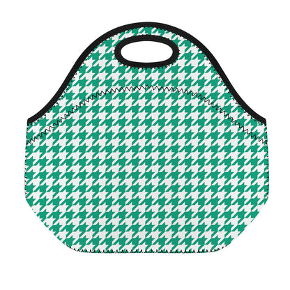 Jungle Green And White Houndstooth Print Neoprene Lunch Bag
