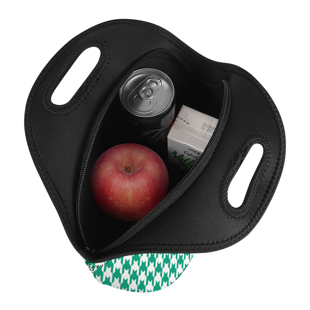 Jungle Green And White Houndstooth Print Neoprene Lunch Bag