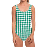 Jungle Green And White Houndstooth Print One Piece Swimsuit