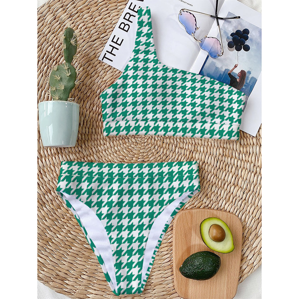 Jungle Green And White Houndstooth Print One Shoulder Bikini Top