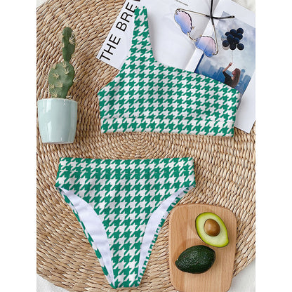 Jungle Green And White Houndstooth Print One Shoulder Bikini Top