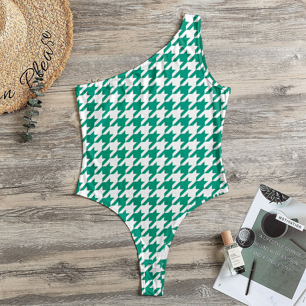 Jungle Green And White Houndstooth Print One Shoulder Bodysuit