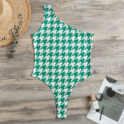 Jungle Green And White Houndstooth Print One Shoulder Bodysuit