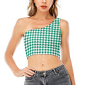 Jungle Green And White Houndstooth Print One Shoulder Crop Top