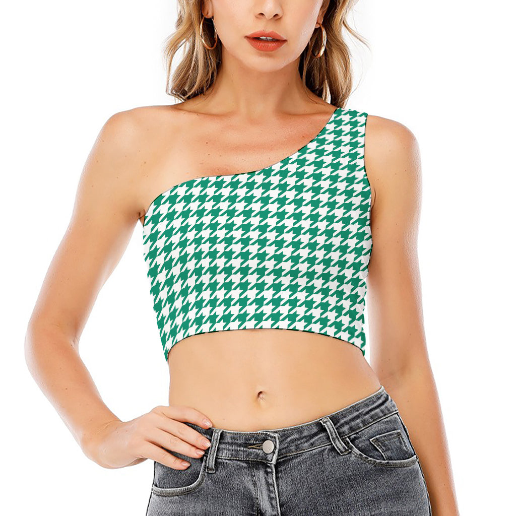 Jungle Green And White Houndstooth Print One Shoulder Crop Top