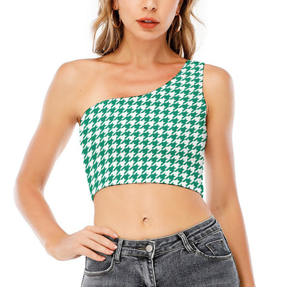 Jungle Green And White Houndstooth Print One Shoulder Crop Top