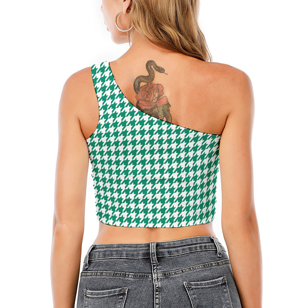 Jungle Green And White Houndstooth Print One Shoulder Crop Top