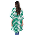 Jungle Green And White Houndstooth Print Open Front Beach Cover Up
