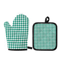 Jungle Green And White Houndstooth Print Oven Mitt And Pot Holder Set