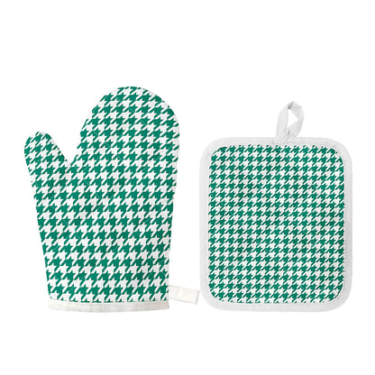 Jungle Green And White Houndstooth Print Oven Mitt And Pot Holder Set