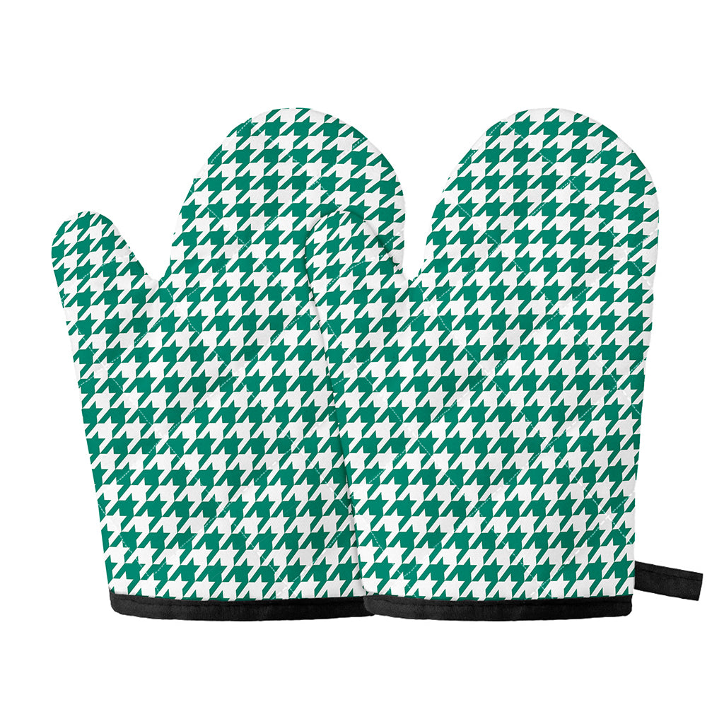Jungle Green And White Houndstooth Print Oven Mitts