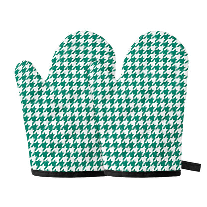 Jungle Green And White Houndstooth Print Oven Mitts