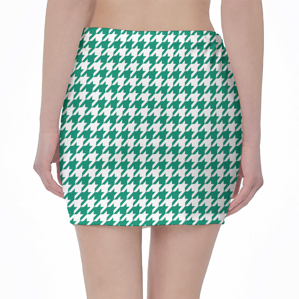 Jungle Green And White Houndstooth Print Pencil Mini Skirt