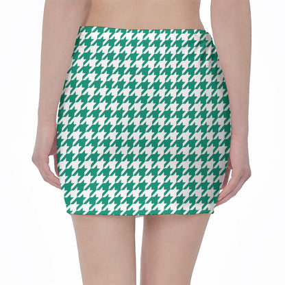 Jungle Green And White Houndstooth Print Pencil Mini Skirt
