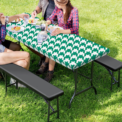 Jungle Green And White Houndstooth Print Picnic Table Cover