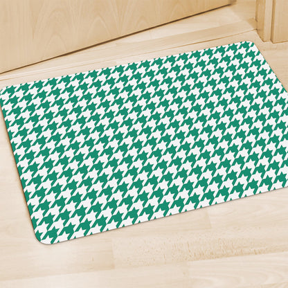 Jungle Green And White Houndstooth Print Polyester Doormat