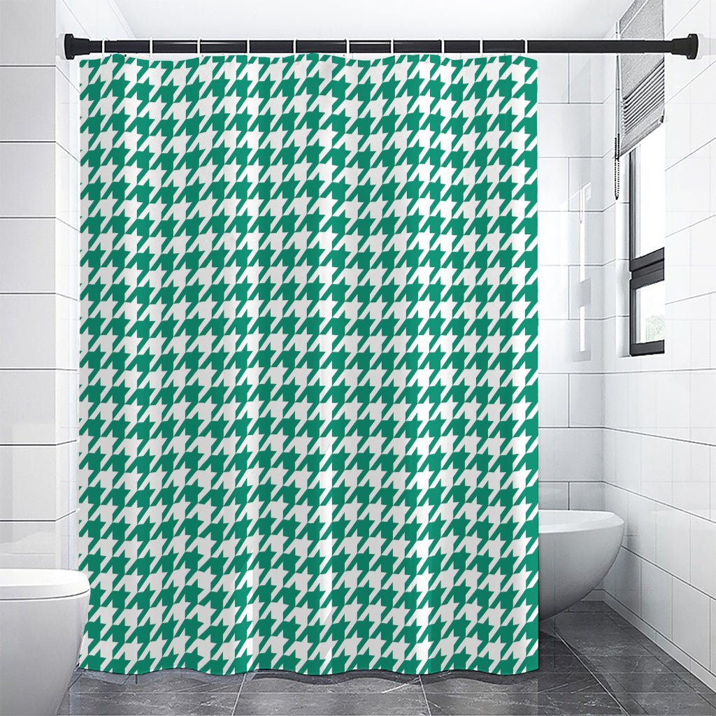 Jungle Green And White Houndstooth Print Premium Shower Curtain