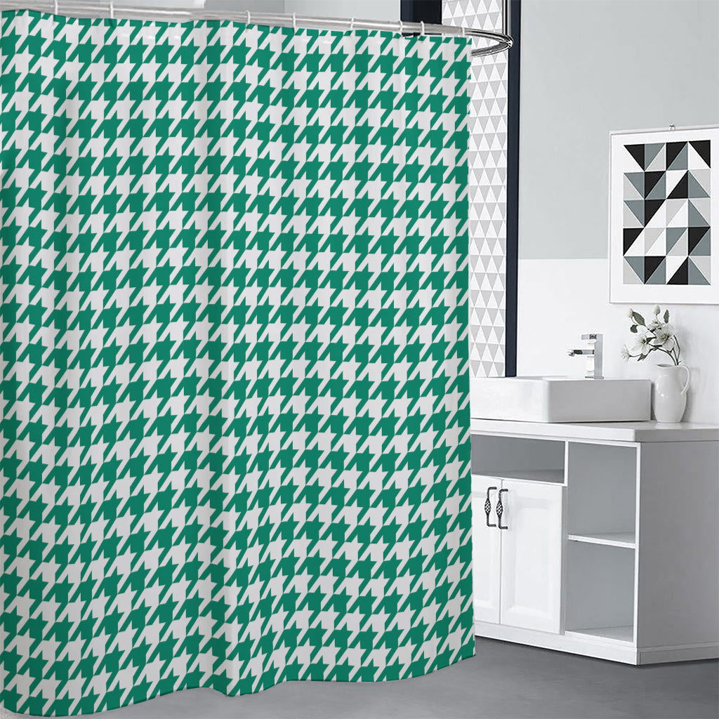 Jungle Green And White Houndstooth Print Premium Shower Curtain