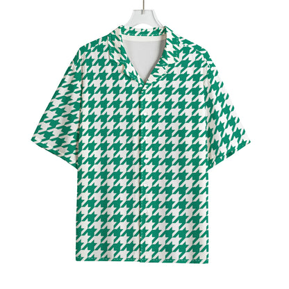 Jungle Green And White Houndstooth Print Rayon Hawaiian Shirt