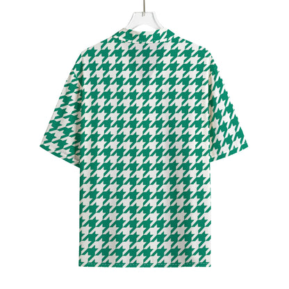 Jungle Green And White Houndstooth Print Rayon Hawaiian Shirt