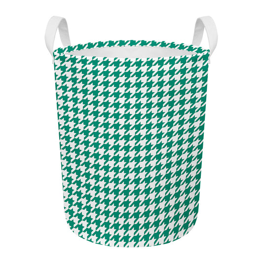 Jungle Green And White Houndstooth Print Round Laundry Basket