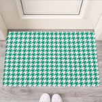 Jungle Green And White Houndstooth Print Rubber Doormat