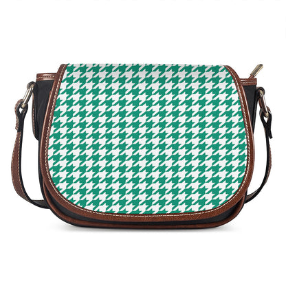 Jungle Green And White Houndstooth Print Saddle Bag