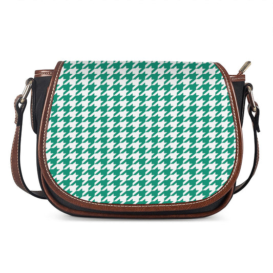 Jungle Green And White Houndstooth Print Saddle Bag