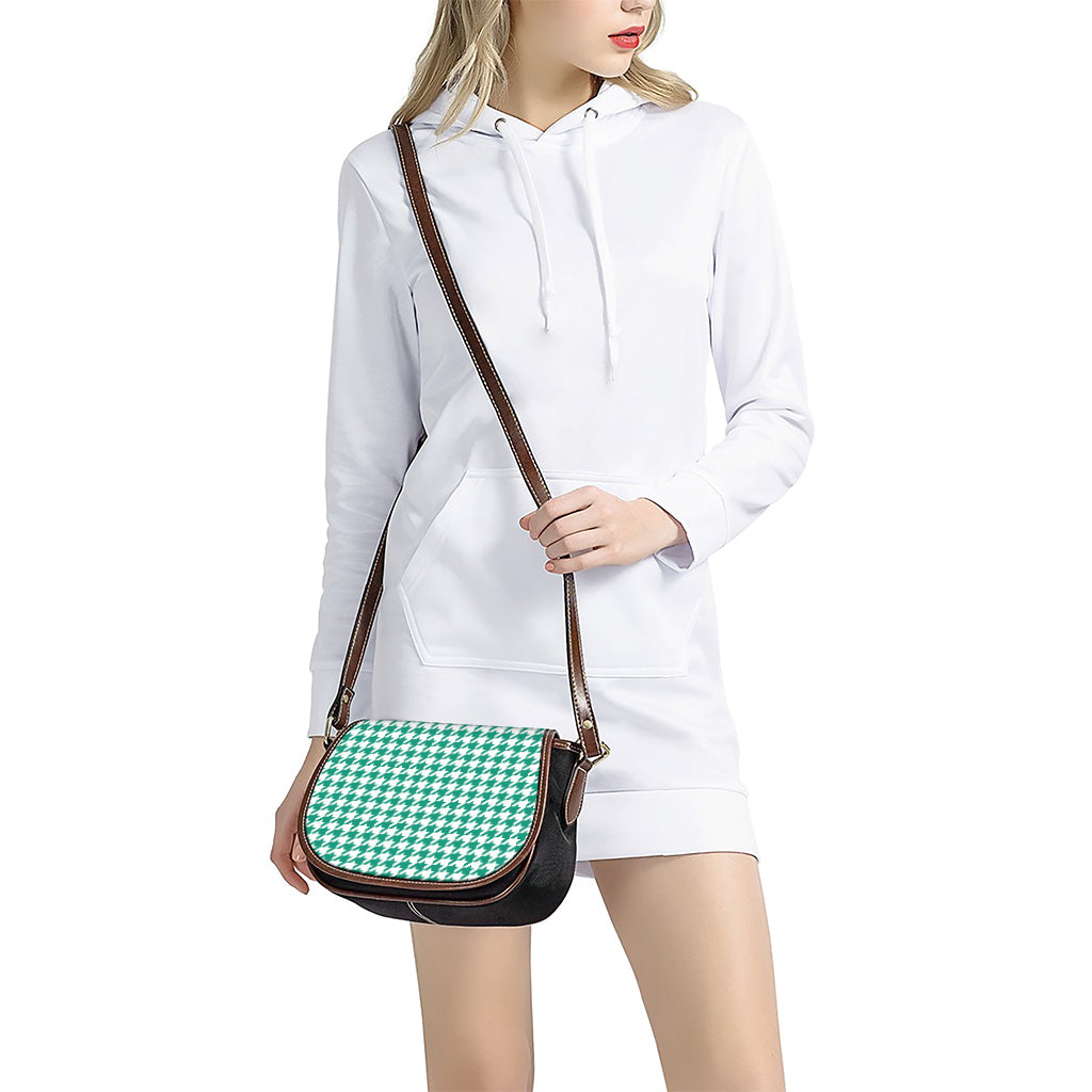 Jungle Green And White Houndstooth Print Saddle Bag