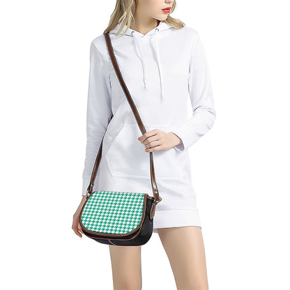 Jungle Green And White Houndstooth Print Saddle Bag