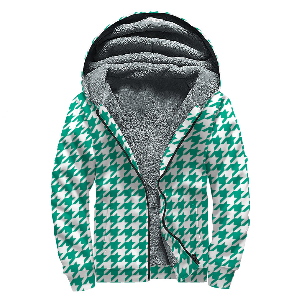 Jungle Green And White Houndstooth Print Sherpa Lined Zip Up Hoodie