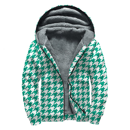 Jungle Green And White Houndstooth Print Sherpa Lined Zip Up Hoodie