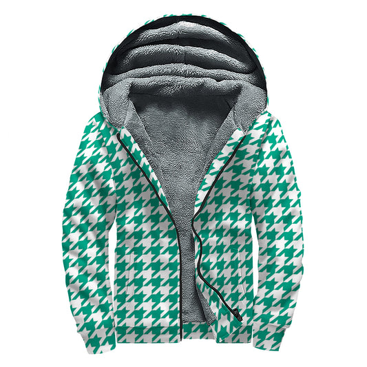 Jungle Green And White Houndstooth Print Sherpa Lined Zip Up Hoodie
