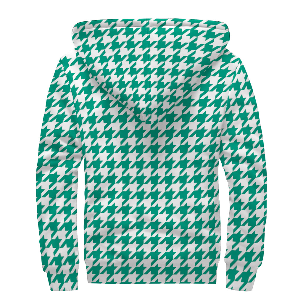 Jungle Green And White Houndstooth Print Sherpa Lined Zip Up Hoodie