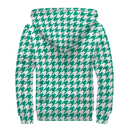 Jungle Green And White Houndstooth Print Sherpa Lined Zip Up Hoodie