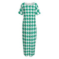 Jungle Green And White Houndstooth Print Short Sleeve Long Nightdress