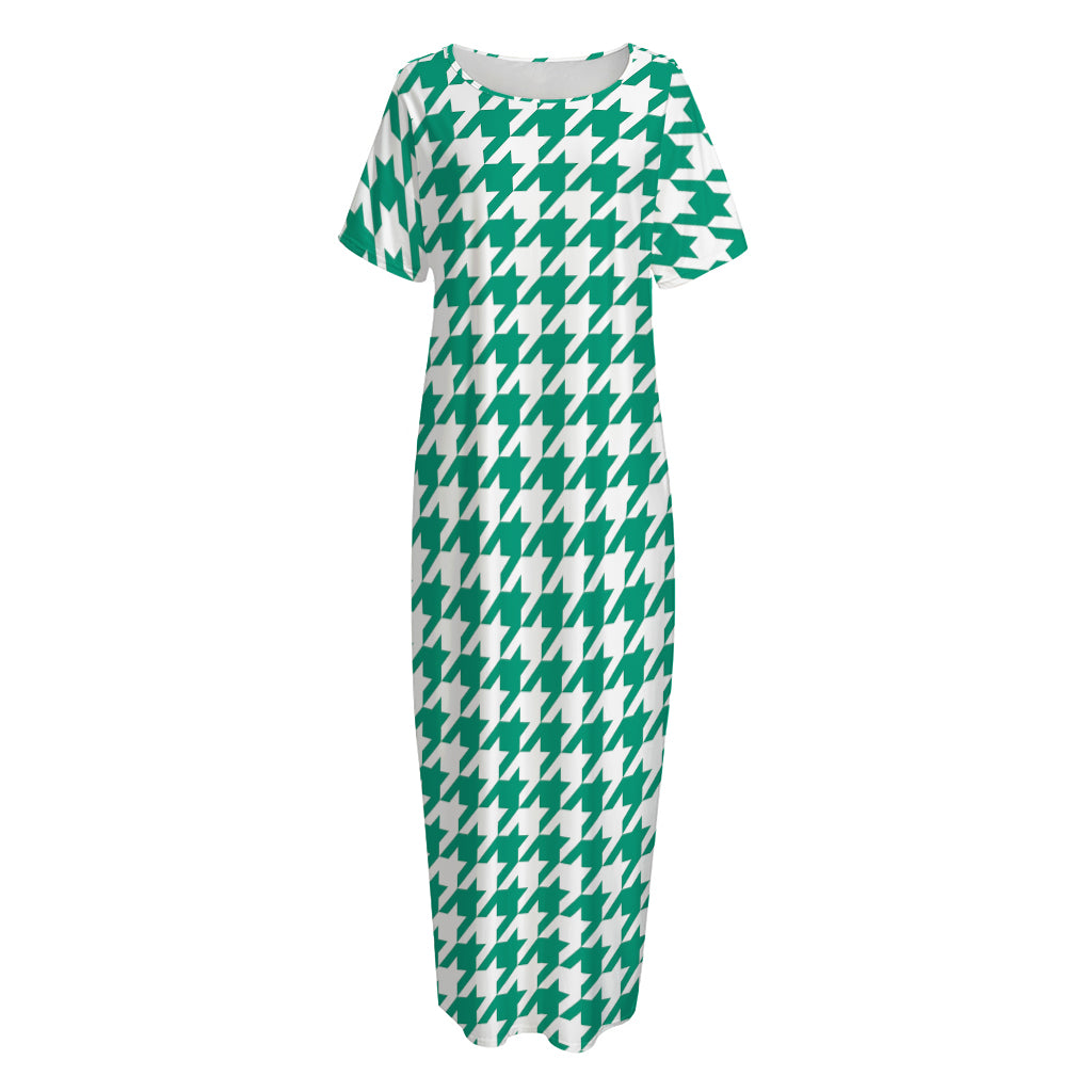 Jungle Green And White Houndstooth Print Short Sleeve Long Nightdress