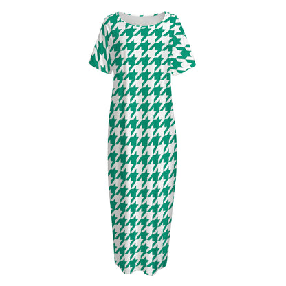 Jungle Green And White Houndstooth Print Short Sleeve Long Nightdress