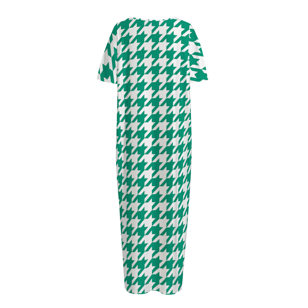 Jungle Green And White Houndstooth Print Short Sleeve Long Nightdress
