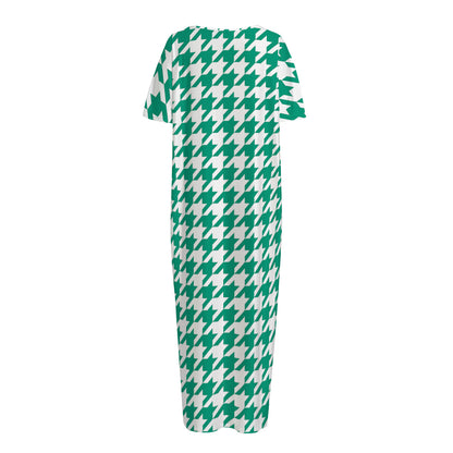 Jungle Green And White Houndstooth Print Short Sleeve Long Nightdress