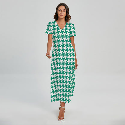 Jungle Green And White Houndstooth Print Short Sleeve Maxi Dress