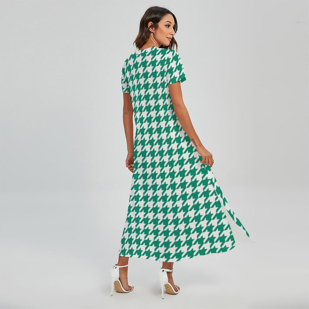 Jungle Green And White Houndstooth Print Short Sleeve Maxi Dress