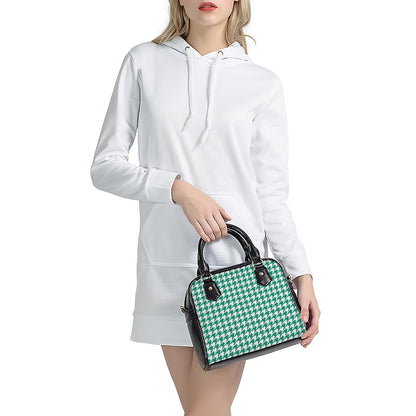 Jungle Green And White Houndstooth Print Shoulder Handbag