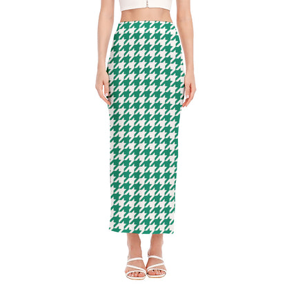 Jungle Green And White Houndstooth Print Side Slit Maxi Skirt