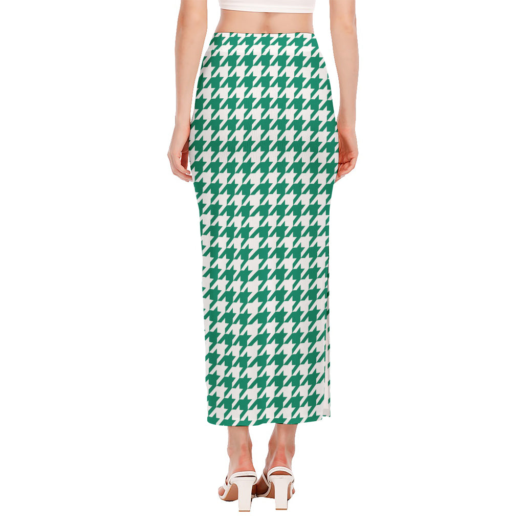 Jungle Green And White Houndstooth Print Side Slit Maxi Skirt